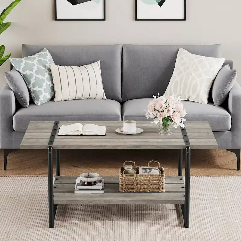 41 Large 2-Tier Industrial Wood Coffee Table with Storage Shelf