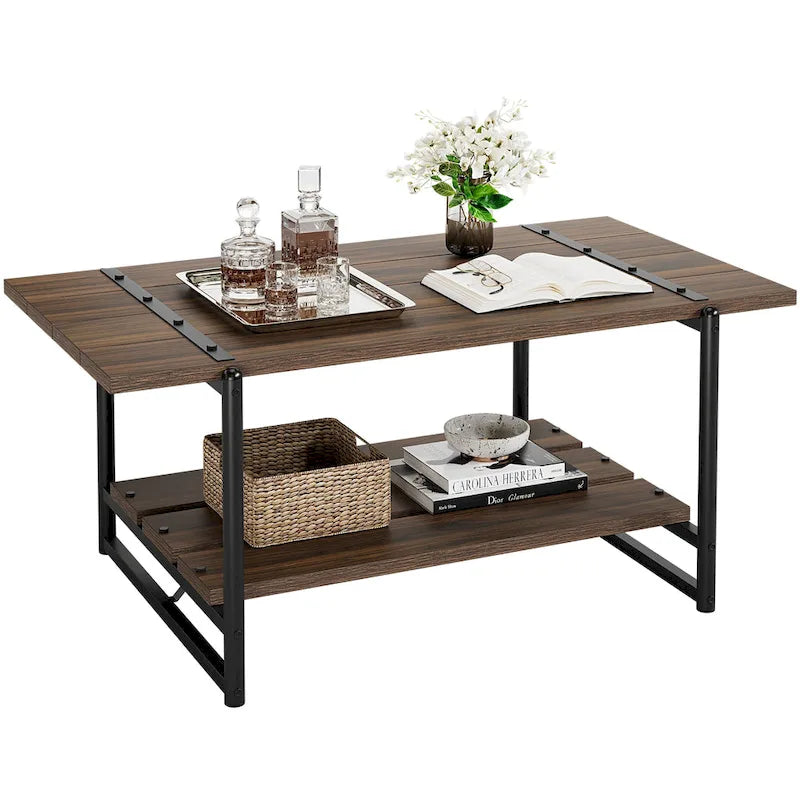 41 Large 2-Tier Industrial Wood Coffee Table with Storage Shelf