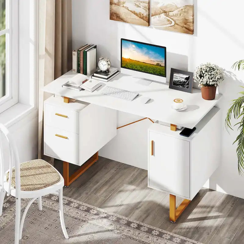 51 Home Office Desk with Floating Desktop Dual Drawers