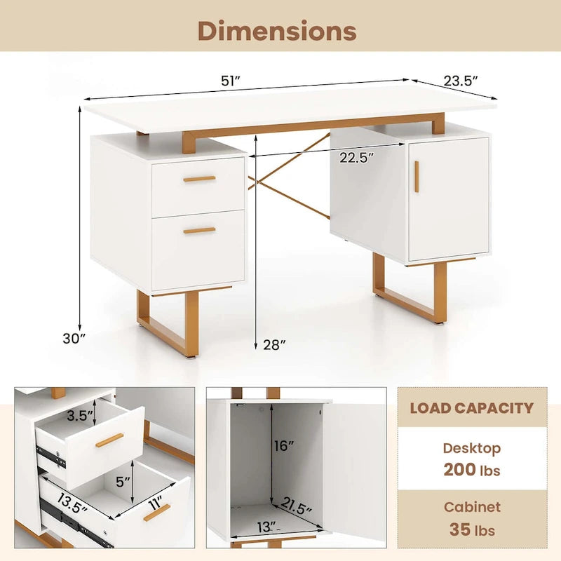 51 Home Office Desk with Floating Desktop Dual Drawers