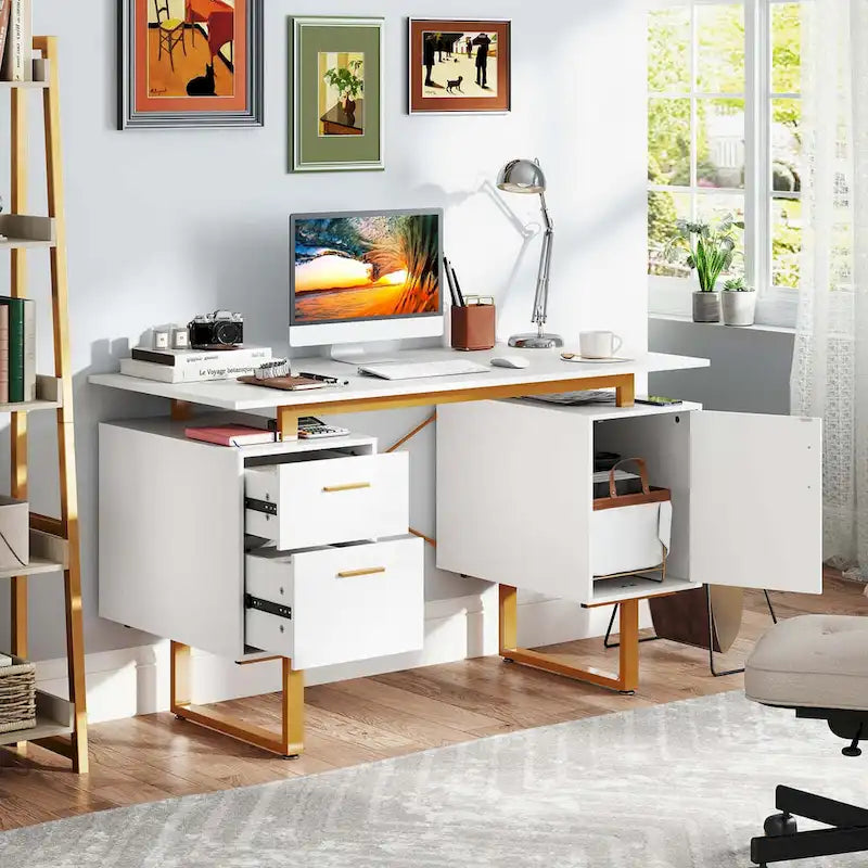 51 Home Office Desk with Floating Desktop Dual Drawers