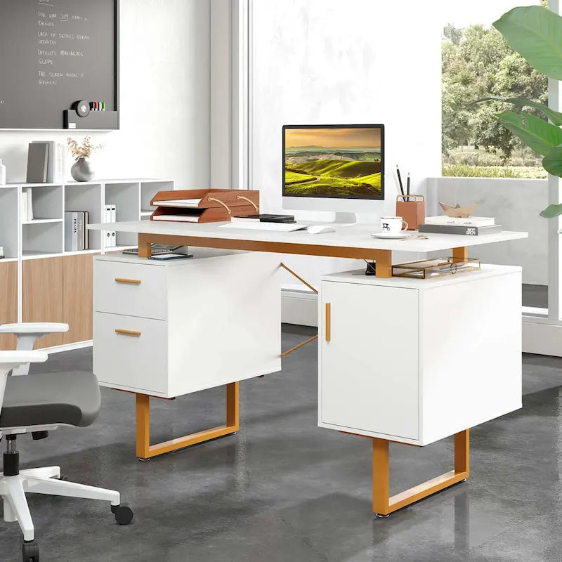 51 Home Office Desk with Floating Desktop Dual Drawers