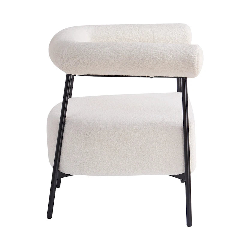 Modern Boucle Fabric Upholstered Accent Chair, Curved Armchair with Black Metal Frame