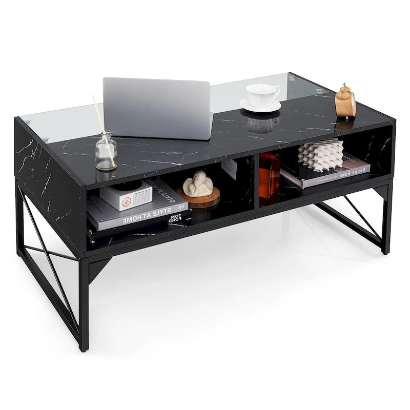 High-gloss LED Coffee Table w/ Faux Marble & Tempered Glass Top