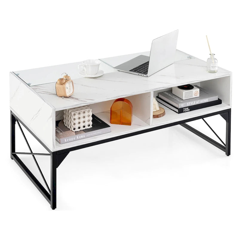 High-gloss LED Coffee Table w/ Faux Marble & Tempered Glass Top