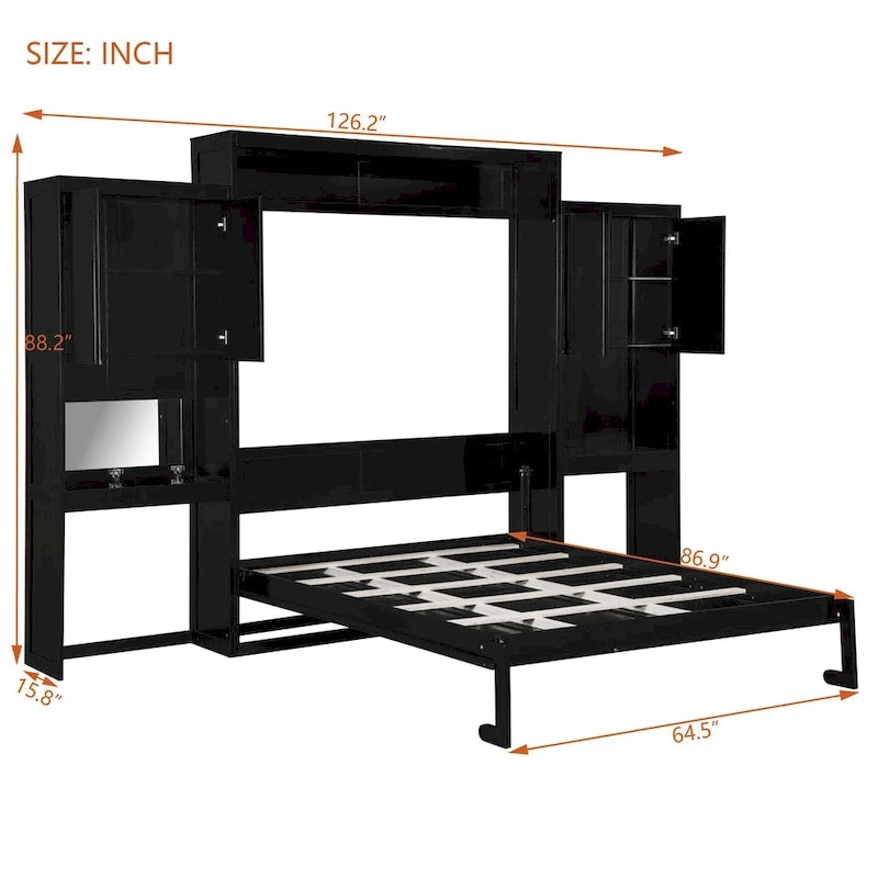 Queen Size Murphy Bed with Desk, Vanity and Cabinets, Espresso