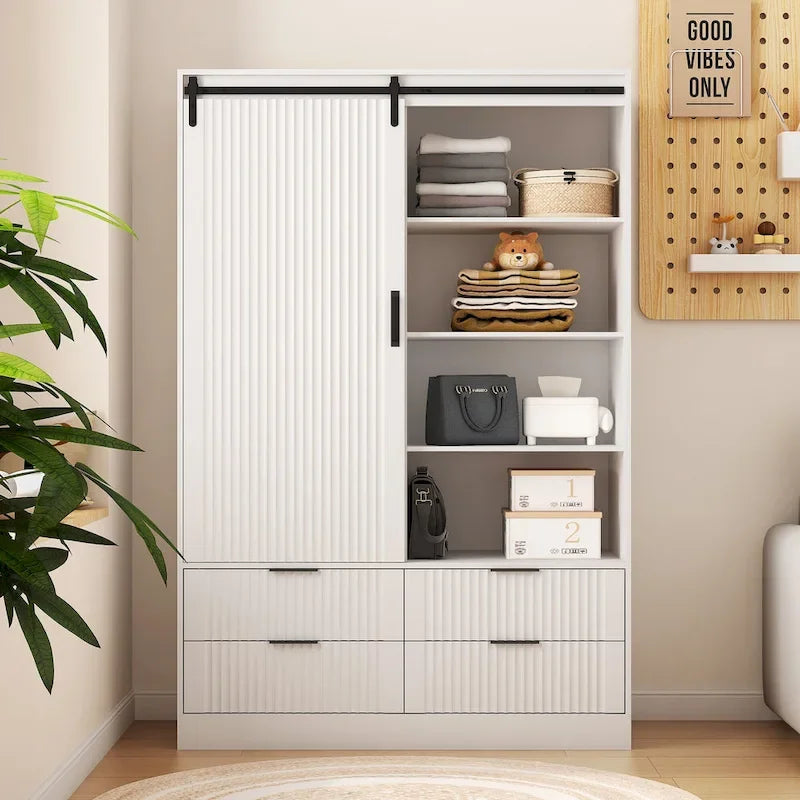 47.24 Modern Armoire with with Hanging Rod, Drawers and Open Shelves for Bedroom