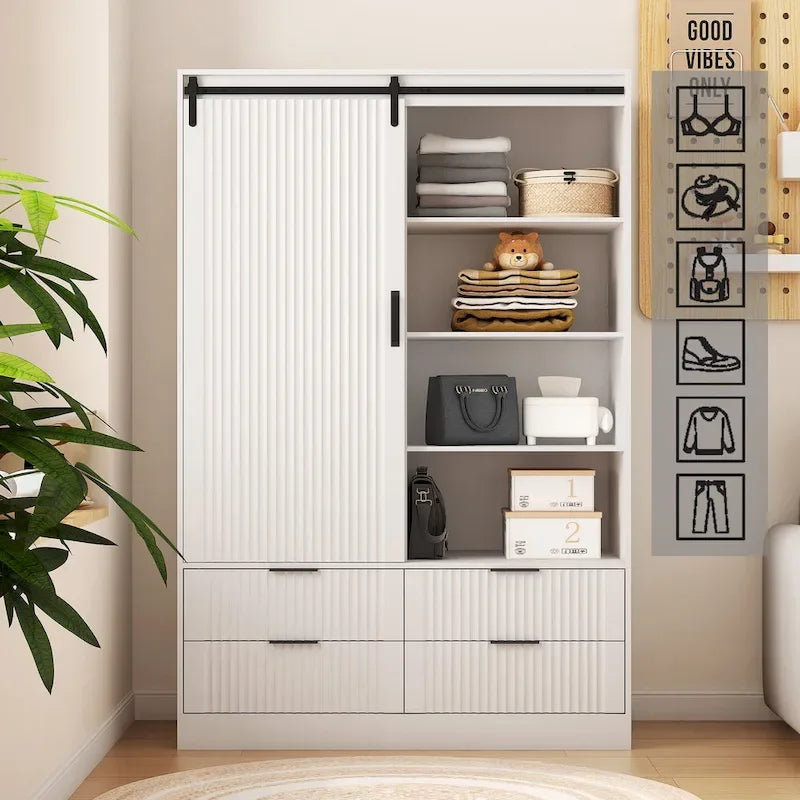 47.24 Modern Armoire with with Hanging Rod, Drawers and Open Shelves for Bedroom