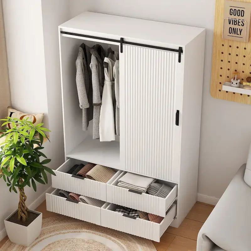 47.24 Modern Armoire with with Hanging Rod, Drawers and Open Shelves for Bedroom