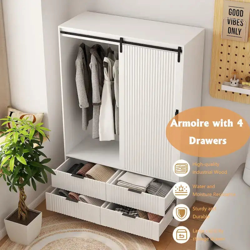 47.24 Modern Armoire with with Hanging Rod, Drawers and Open Shelves for Bedroom