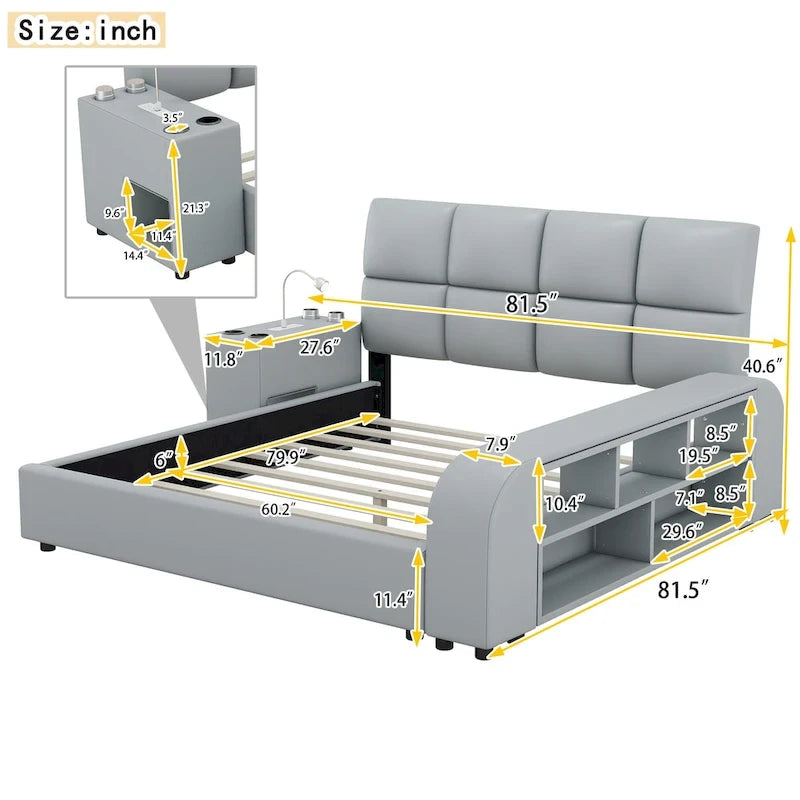 Queen Size PU Leather Platform Bed Frame with Multimedia Nightstand