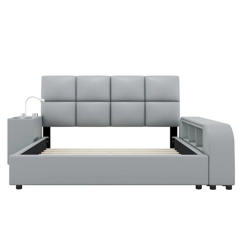 Queen Size PU Leather Platform Bed Frame with Multimedia Nightstand