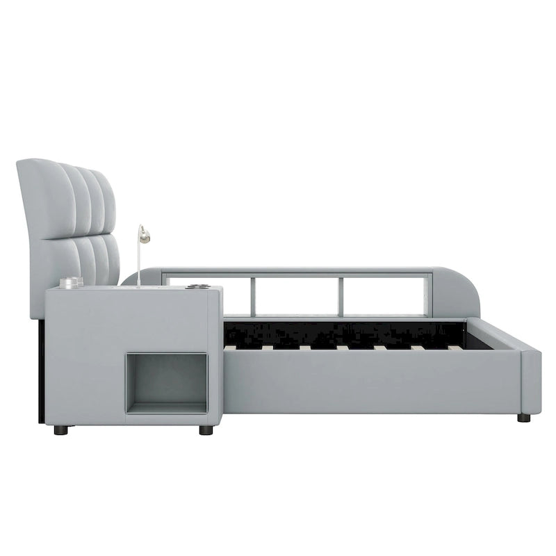 Queen Size PU Leather Platform Bed Frame with Multimedia Nightstand