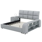 Queen Size PU Leather Platform Bed Frame with Multimedia Nightstand