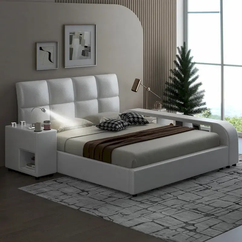 Queen Size PU Leather Platform Bed Frame with Multimedia Nightstand