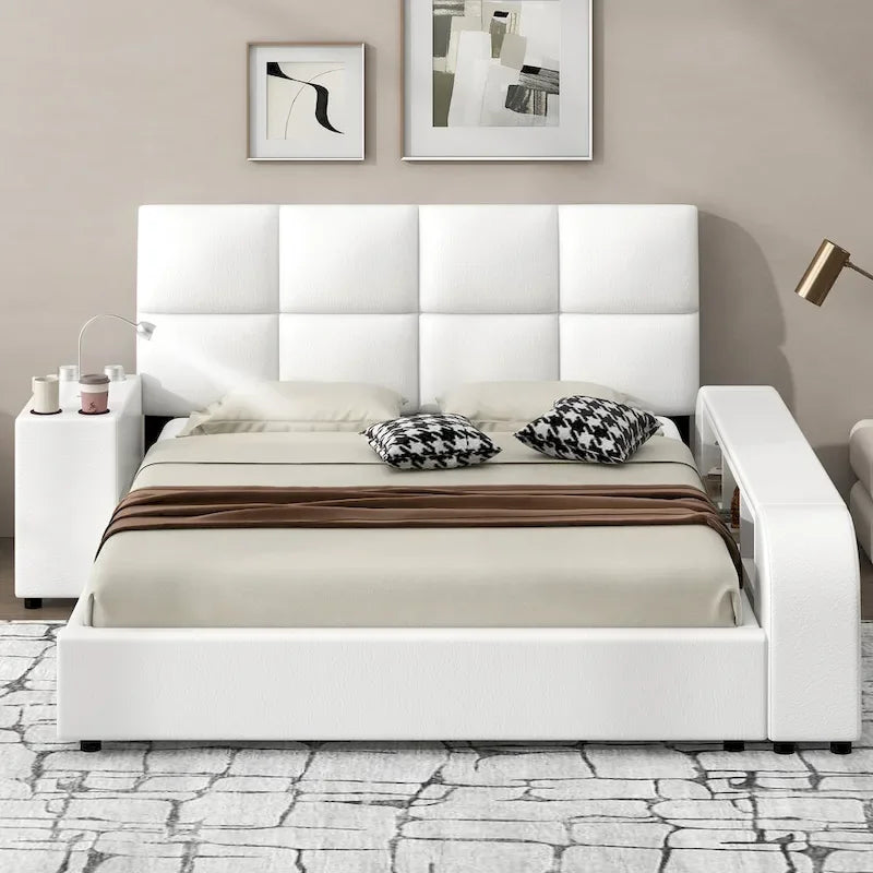 Queen Size PU Leather Platform Bed Frame with Multimedia Nightstand
