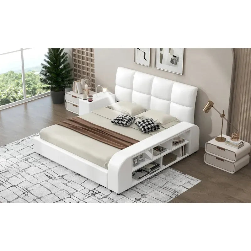 Queen Size PU Leather Platform Bed Frame with Multimedia Nightstand