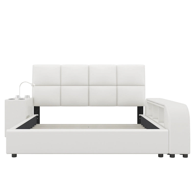 Queen Size PU Leather Platform Bed Frame with Multimedia Nightstand