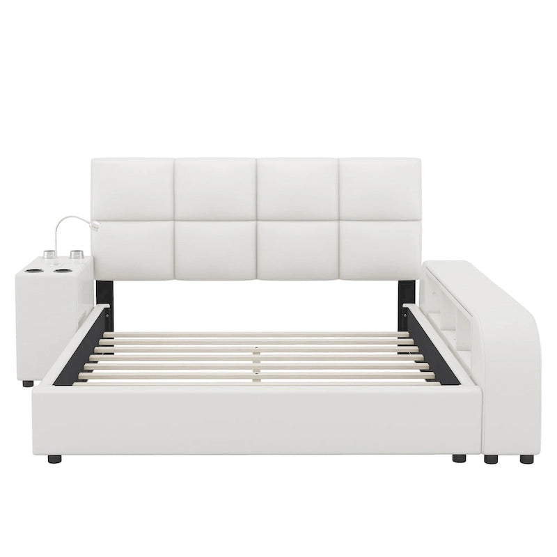 Queen Size PU Leather Platform Bed Frame with Multimedia Nightstand