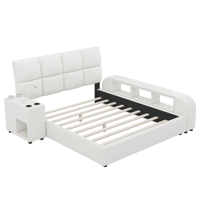 Queen Size PU Leather Platform Bed Frame with Multimedia Nightstand