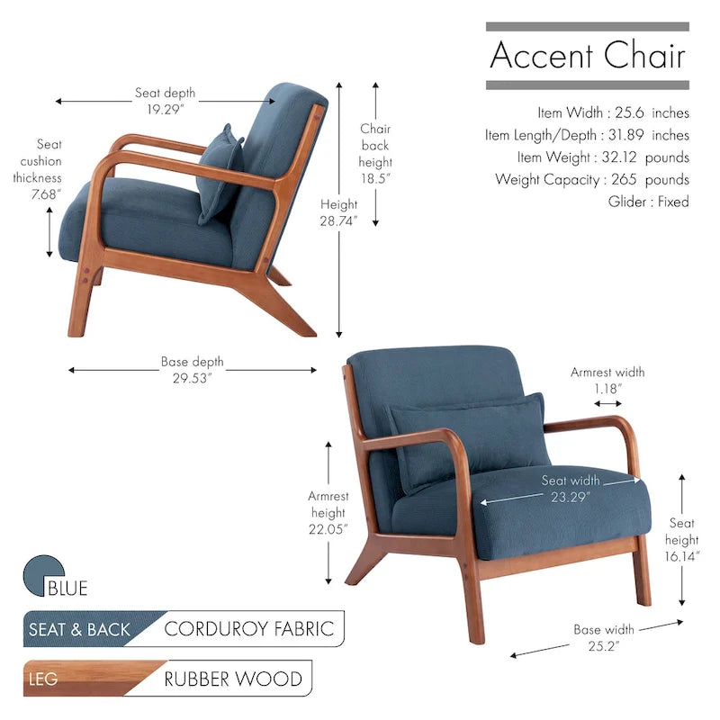 Biana Corduroy Fabric Accent Chair with Pillow and Rubberwood Frame