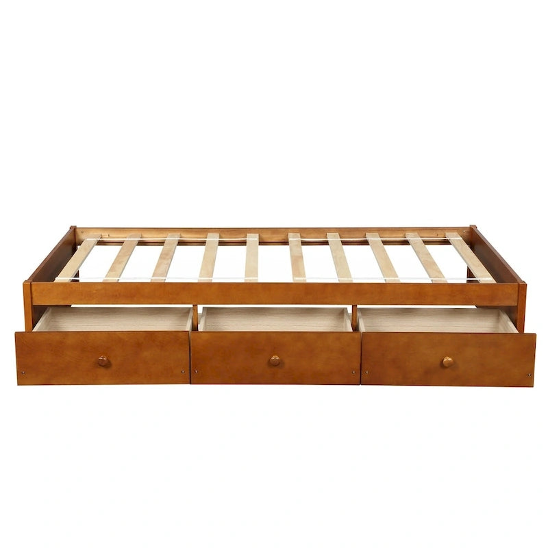 Oak Eco-Friendly Solid Pine Wood Twin Size Platform Storage Bed, 3 Drawers