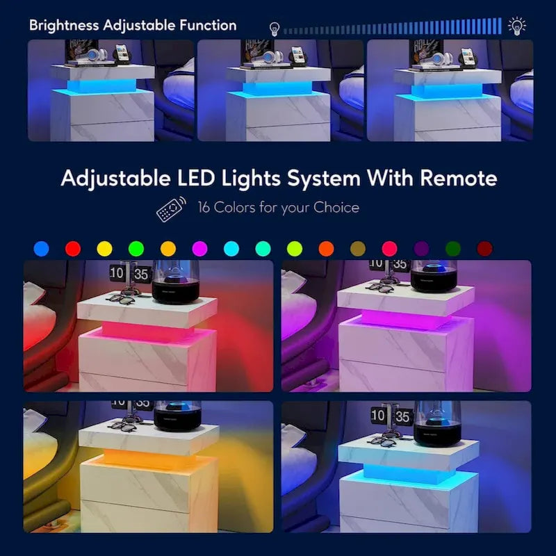 Nightstand LED Bedside Table Cabinet Lights Modern End Side with 2 Drawers for Bedroom