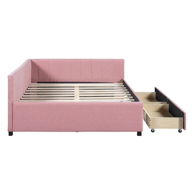 Full Size Upholstered Daybed with 2 Storage Drawers Sofa Bed Frame No Box Spring Needed