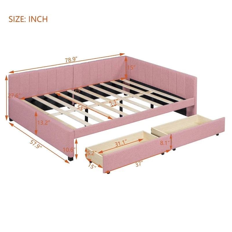 Full Size Upholstered Daybed with 2 Storage Drawers Sofa Bed Frame No Box Spring Needed