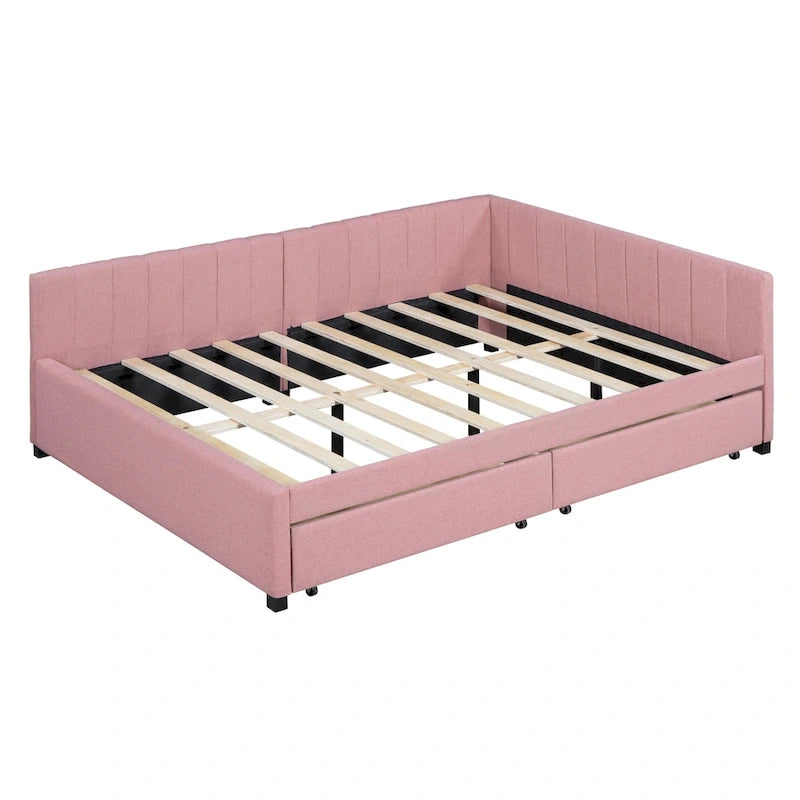 Full Size Upholstered Daybed with 2 Storage Drawers Sofa Bed Frame No Box Spring Needed