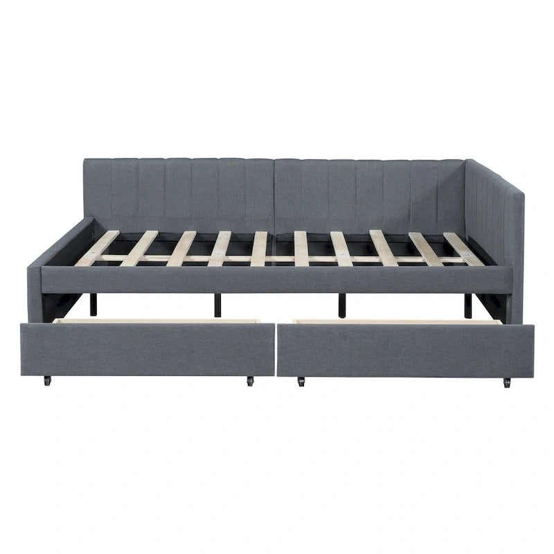 Full Size Upholstered Daybed with 2 Storage Drawers Sofa Bed Frame No Box Spring Needed