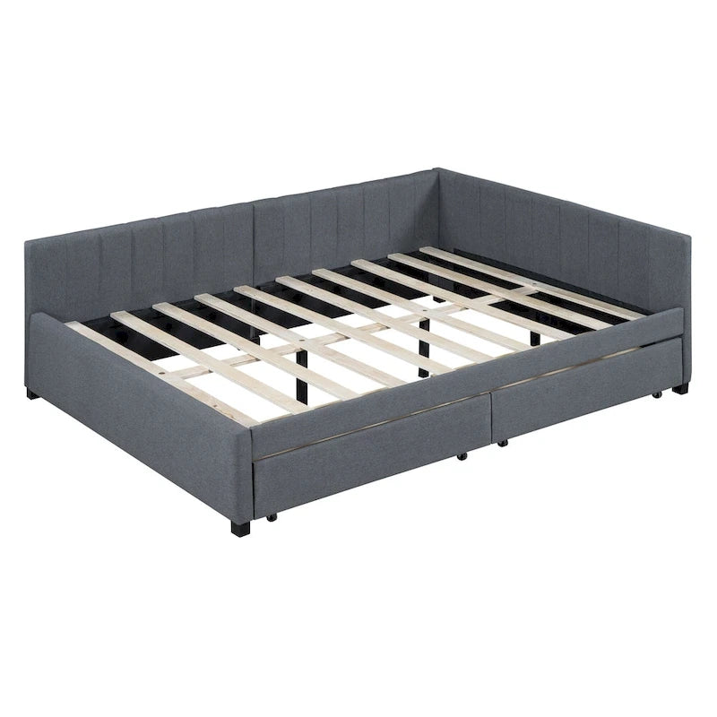 Full Size Upholstered Daybed with 2 Storage Drawers Sofa Bed Frame No Box Spring Needed