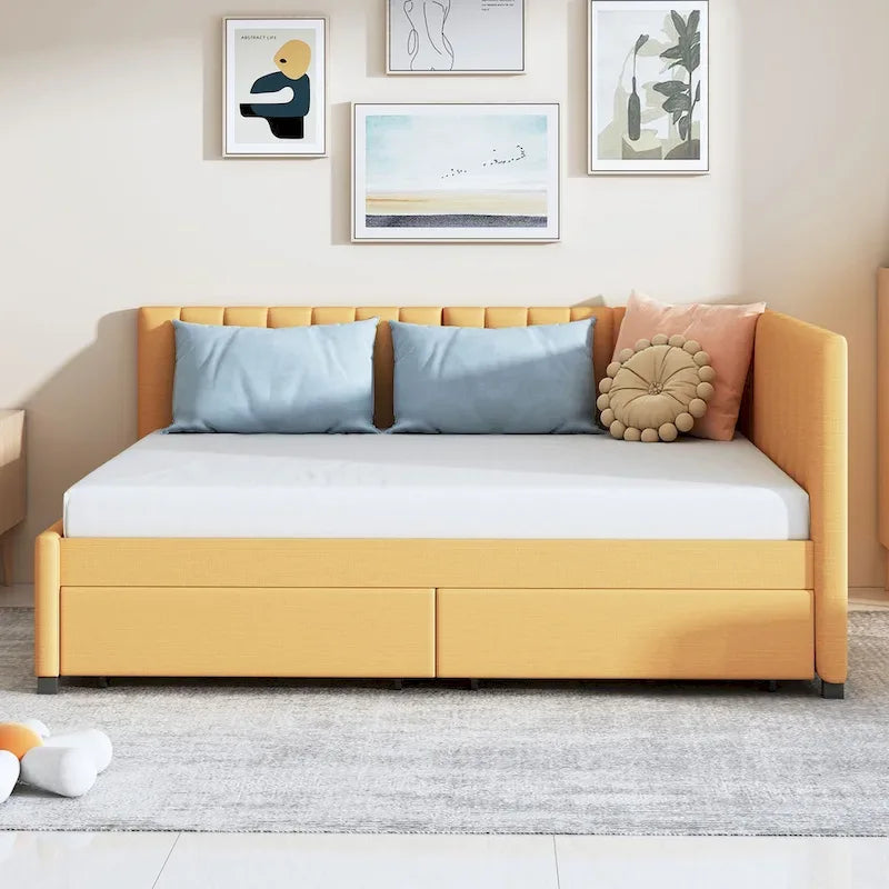 Full Size Upholstered Daybed with 2 Storage Drawers Sofa Bed Frame No Box Spring Needed