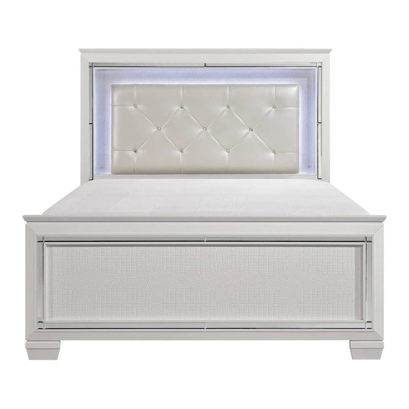 Contemporary Queen Bed, LED Backlit Crystal Tufted Headboard, White