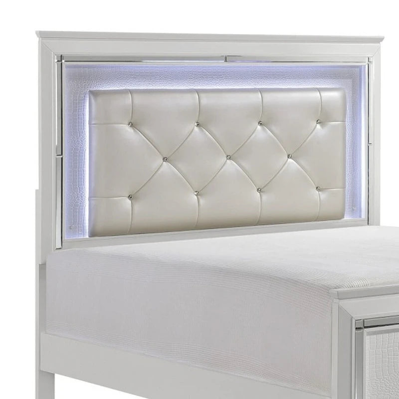 Contemporary Queen Bed, LED Backlit Crystal Tufted Headboard, White