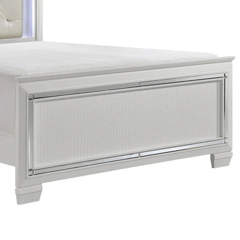 Contemporary Queen Bed, LED Backlit Crystal Tufted Headboard, White