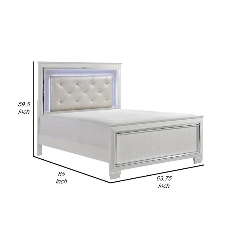 Contemporary Queen Bed, LED Backlit Crystal Tufted Headboard, White