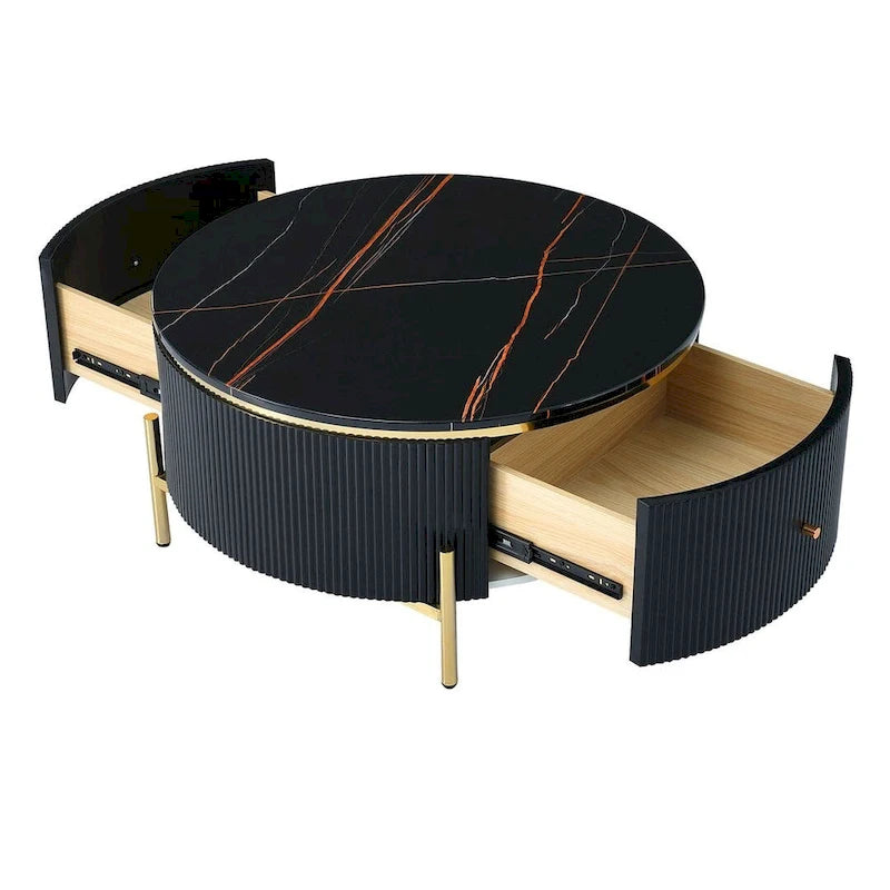 Modern Round Coffee Table with 2 Large Drawers Storage Accent Table with Marble-patterned Tabletop