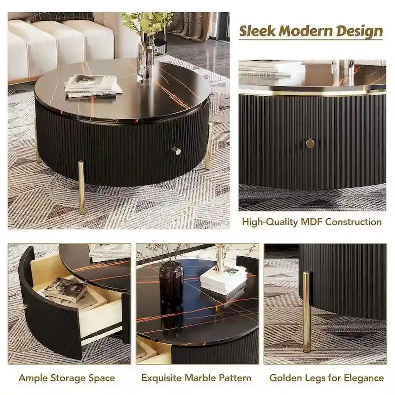 Modern Round Coffee Table with 2 Large Drawers Storage Accent Table with Marble-patterned Tabletop