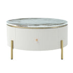 Modern Round Coffee Table with 2 Large Drawers Storage Accent Table with Marble-patterned Tabletop