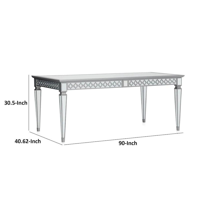 72-90 Inch Dining Table, Extendable Rectangular Top, Mirrored, Silver